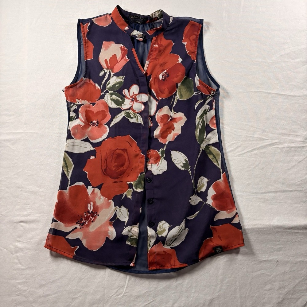 STYLISTIC MR. LEE NAVY BLUE SLEEVELESS BUTTON UP BLOUSE SIZE LARGE FLORAL